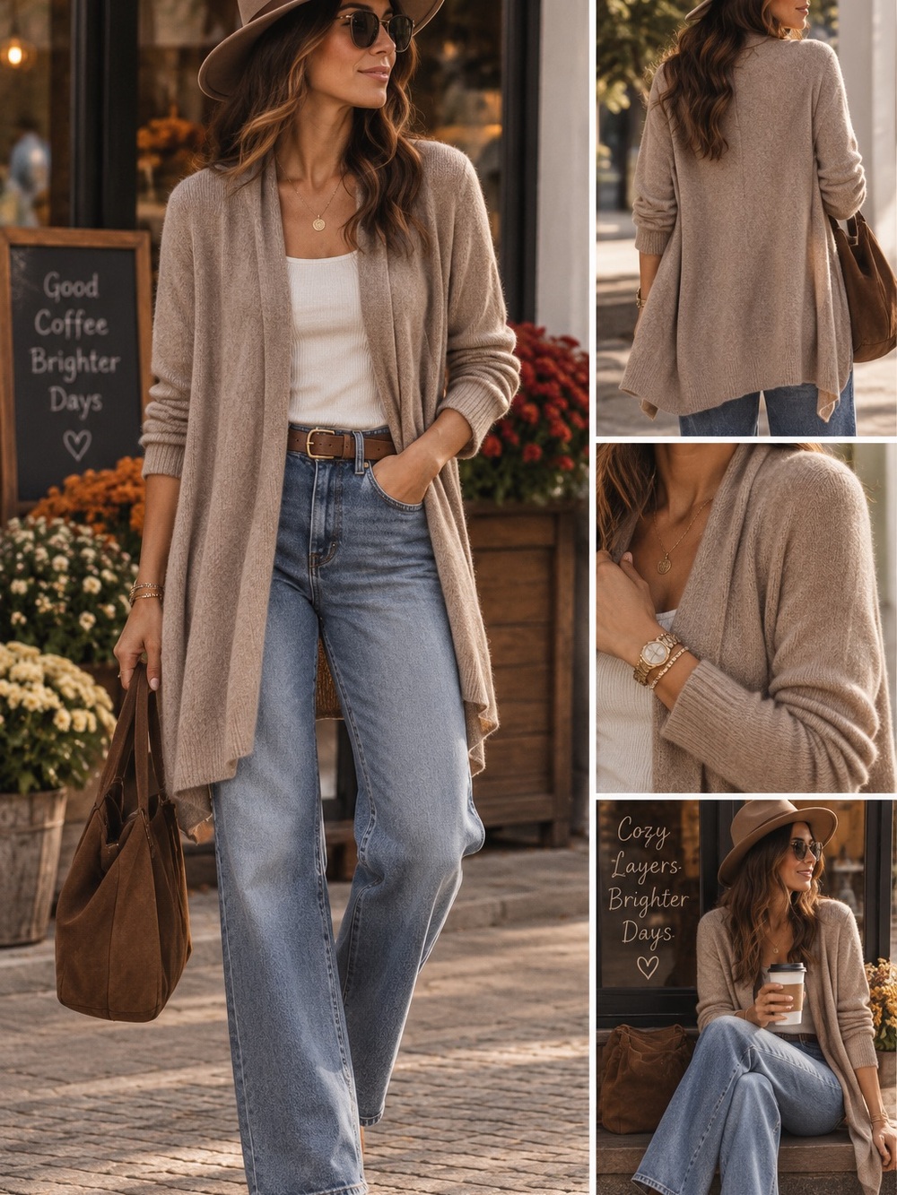 βοΈMAKE OFFERβοΈ Votre Nom Cashmere Open Cardigan Sweater Brown Taupe Hoodie Large